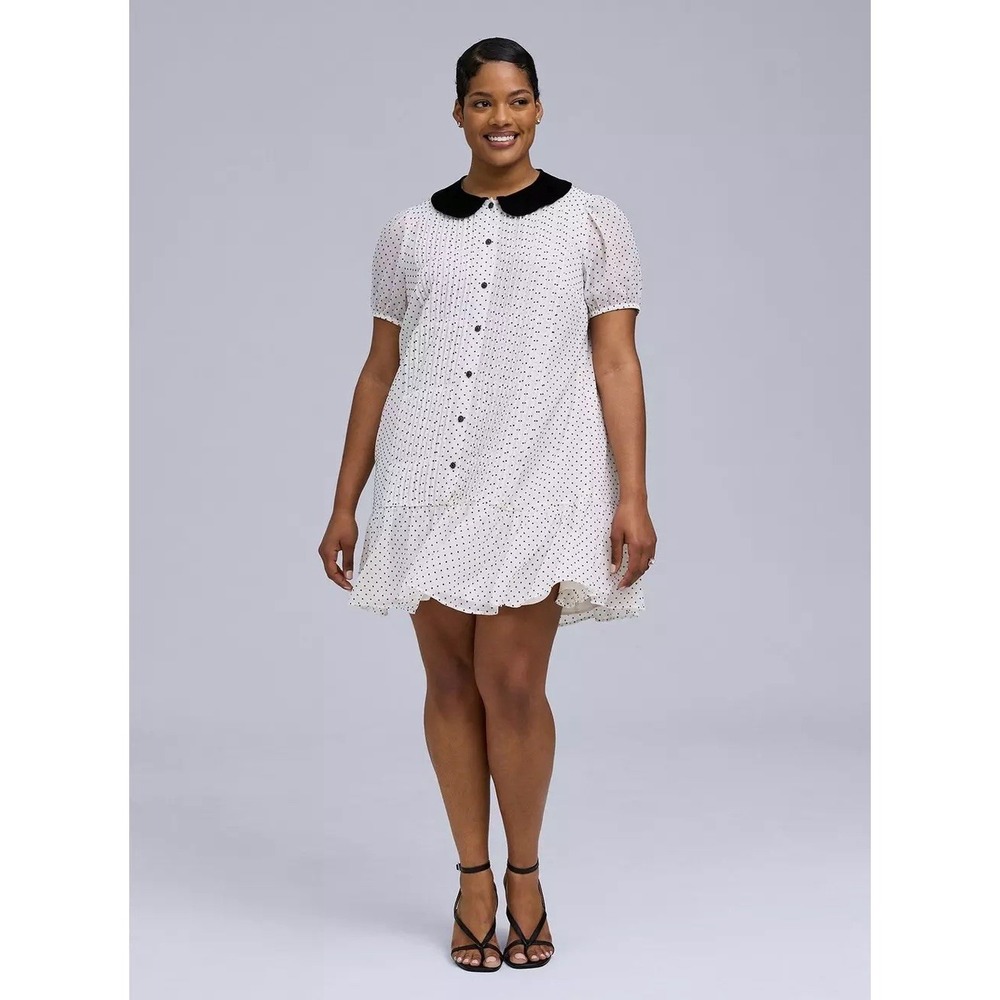 Torrid Belle Isle Dress Womens 1X White Polka Dot Velvet Collar Drop Waist NWT